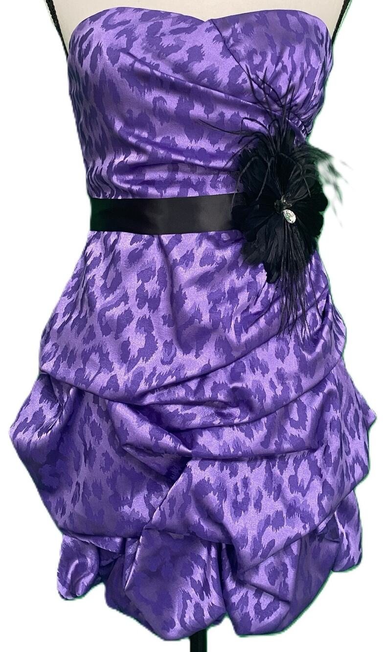 Jodi Kristopher Womens Bubble Hem Dress 5 Purple Leopard Print Feather Strapless